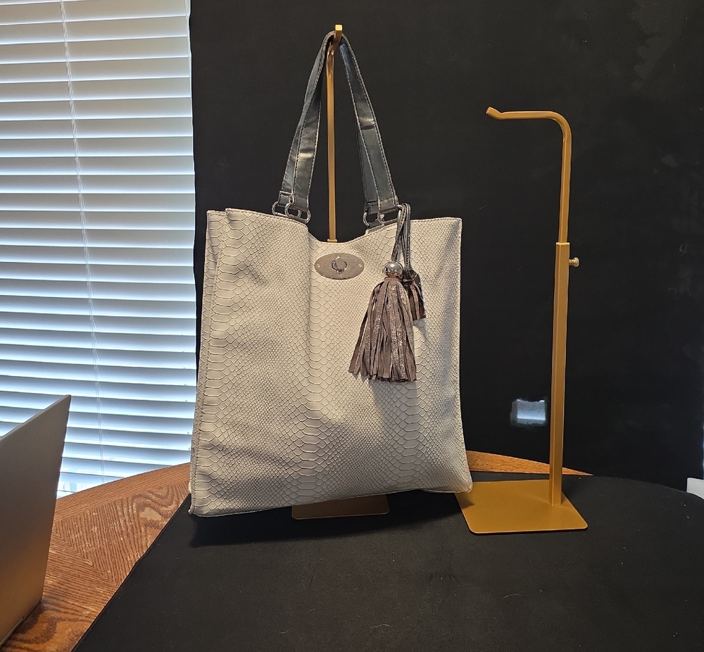 Grey Textured Tote Bag with Tassel